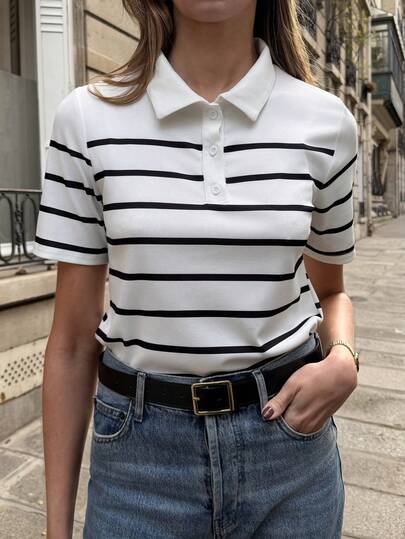 Pariaura Minimalist Advanced Black & White Striped Polo Shirt - Women's Luxe Short Sleeve Versatile Top For Spring Sweet Minimalist Black & White Striped Polo Shirt - Women's Fresh Short Sleeve Daily Top For Spring French Vintage Black & White Striped Polo Shirt - Women's Elegant Short Sleeve Commute Top For Spring Stripe Top Preppy Tops Polo Shirts For Women Golf Shirt Women Collared Shirt