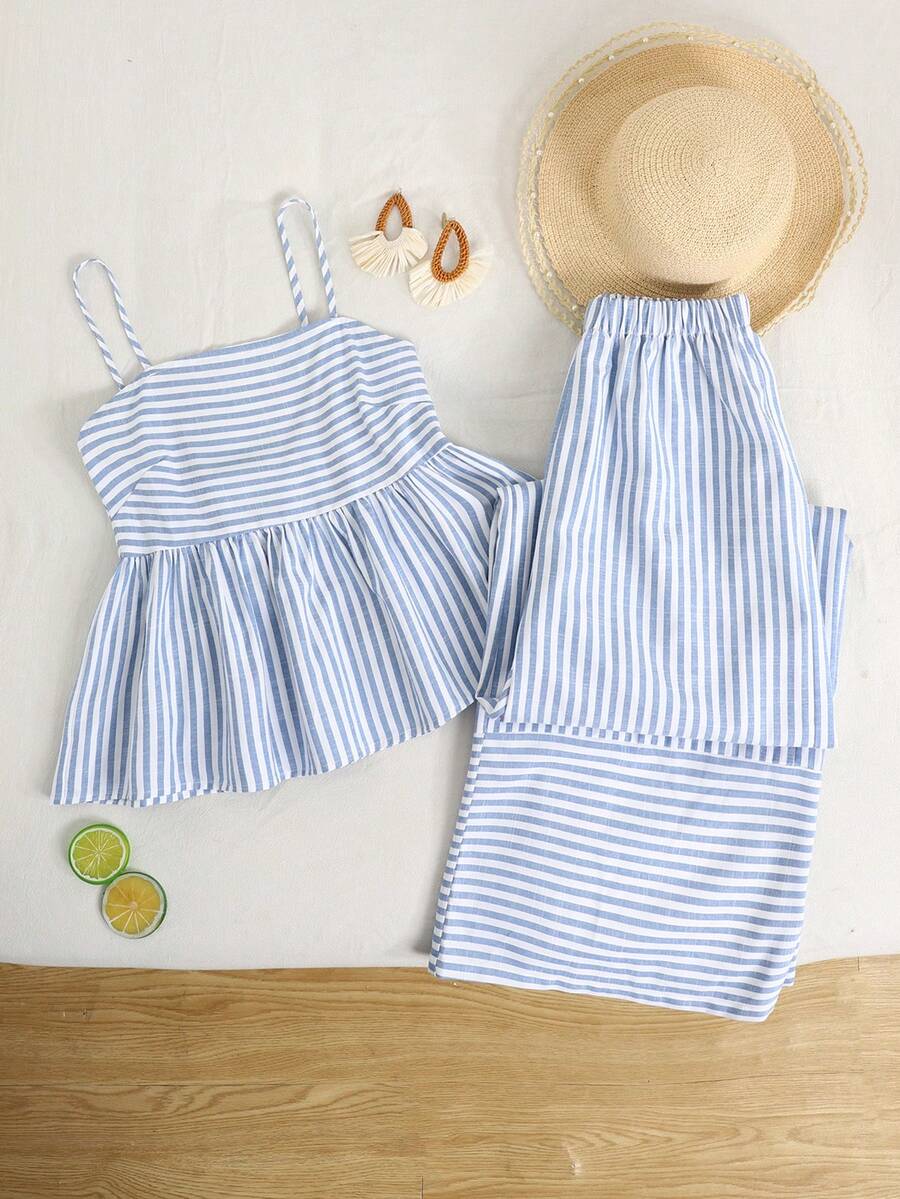 Girlism 少女度假休闲背心套装，蓝色条纹编织吊带背心和阔腿裤套装 - 藍白色 - 查看 1