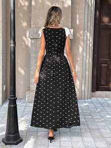 Chiquease French Vintage Bow Print Tie-Shoulder Dress,Women's Elegant Square Neck Slim Fit Maxi Dress For Summer,Black N White Tea Party Sundress - Black - View 2