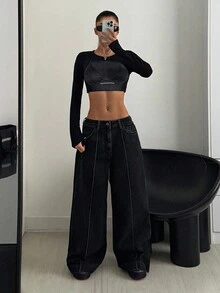 SHEIN Quần jean ống rộng màu đen có túi và cúc cài, kiểu dáng thường ngày, đa năng, phù hợp đi làm. - Rửa trung bình - Xem 6