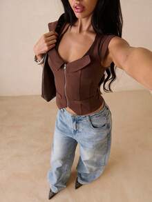 SHEIN Glamour Mångsidig sommar-T-shirt med fuskfickor och dragkedja för kvinnor - Brun - Visa 5