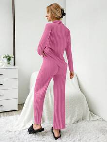EURMUSE 2pcs Set Open Front Contrast Stitching Slogan Print Ribbed Pajamas - Pink - View 2