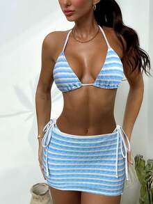 Swim SXY 3pcs Women Swimsuit Set, Textured Fabric Striped Black & White Contrast Shoulder Strap Backless Top And Side Tie Swim Shorts, Beach Holiday Bikini - Blue and White - View 4