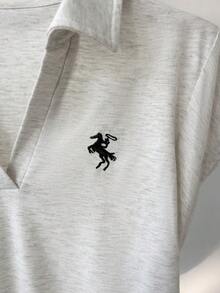 GlowEve Minimalist Gray Polo Collar Cropped Pleated Slim Fit Casual Women T-Shirt - Grey - View 7