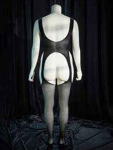 SpicyHot 加大码无缝超性感黑色镂空无裆连体紧身衣内衣