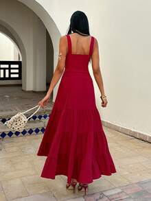 EURMUSE Sleeveless Crop Top & Tiered Maxi Skirt Two Pieces Set – Ruffle Design, Women's Summer Outfit - Burgundy - View 2