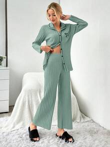 EURMUSE 2pcs Set Open Front Contrast Stitching Slogan Print Ribbed Pajamas - Mint Green - View 4