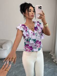 Rafferiza Shirts Spring/Summer New Arrival: Women's Purple Base With Purple And Pink Floral Print Top, Featuring A V-Neck, Multi-Layered Ruffle Sleeves, And A Sleeveless Design. - Purple - View 9