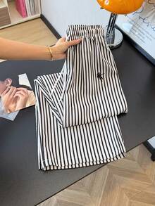 GlowEve Women's Fashion Casual Embroidered Round Neck Short Sleeve Ruched Waist Cropped Tight T-Shirt And Striped Print Elastic Waist Drawstring Loose Straight Leg Pants 2 Piece Set - Multicolor - View 3