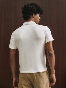 TOKVUE 男士纯色翻领修身休闲日常短袖Polo衫 - 米色 - 查看 4