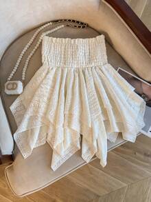 GlowEve Women's Jacquard Knit Tie-Up Bow Bandeau Asymmetrical Hem Vacation Blouse - Apricot - View 2