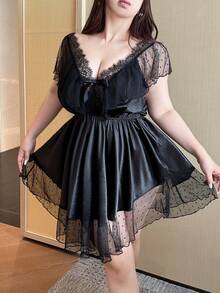 Vibekara Valentine Black Lace Sexy Silk Comfortable V-Neck Lace Trim Bow Decor Sexy Short Slim Plus Size Dress - Black - View 3