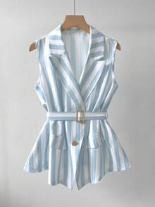 GlowEve Vertical Striped Sleeveless Blazer With Lapel, Crossover V-Neck, Metal Buckle Belt, Dual Faux Pockets, Waist Cinched, Flared Hem Women's Jacket - Multicolor - View 3