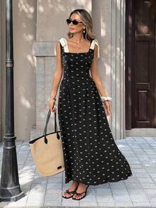 Chiquease French Vintage Bow Print Tie-Shoulder Dress,Women's Elegant Square Neck Slim Fit Maxi Dress For Summer,Black N White Tea Party Sundress - Black - View 3