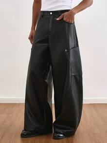 TOKVUE 男士黑色PU皮裤，宽松直筒裤型，百搭皮裤，男士黑色皮裤，男士阔腿裤，黑色皮质街头风裤子，男士宽松裤，饰有金属铆钉，街头风，男友礼物。男士宽松阔腿裤，黑色宽松裤，男士黑色宽松裤 - 黑色 - 查看 4