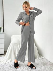 EURMUSE 2pcs Set Open Front Contrast Stitching Slogan Print Ribbed Pajamas - Grey - View 4