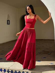EURMUSE Sleeveless Crop Top & Tiered Maxi Skirt Two Pieces Set – Ruffle Design, Women's Summer Outfit - Burgundy - View 4