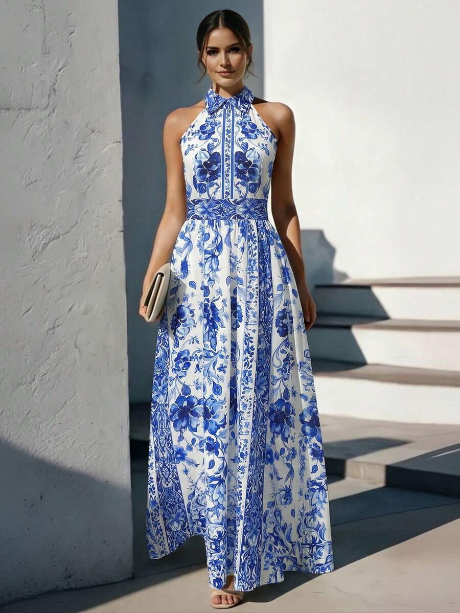Balvessa Printed Halter Neck Flared Waist Dress, Fashionable & Elegant For Women - Multicolor - View 1