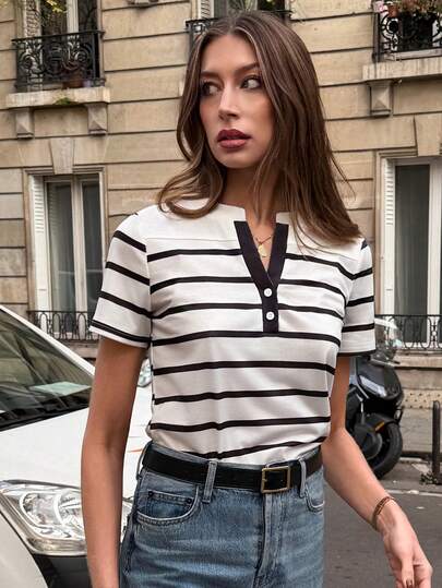 Pariaura Striped Print Notch Neck Casual Versatile Short Sleeve T-Shirt