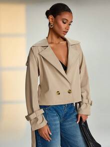 RueChic Women Solid Color Belted And Button Detailed Trench Coats - Beige - View 5
