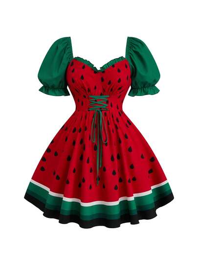 Sweetra Plus Size Women Cute Sweet Casual Vacation Red Fruit Ditsy Floral Short Sleeve Summer Dress