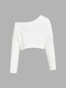 Sweetra Plus Size Women Casual Oblique Shoulder Loose Solid Color Versatile T-Shirt - Multicolor - View 10