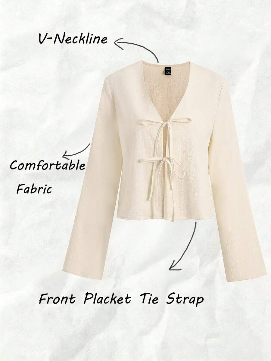 Olithes (100% Cotton) Áo kiểu nữ dáng suông, thắt nơ phía trước, vai rớt, màu trơn, chất liệu dệt, dáng rộng, tay loe, thích hợp cho các dịp lễ hội. - Màu be - Xem 1