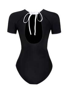 Swim SPRTY Áo tắm liền thân gợi cảm họa tiết hoa khoét rỗng mùa xuân/hè dành cho nữ, tay ngắn, giúp thon gọn vòng bụng, hở lưng, thích hợp đi biển, nghỉ mát, dự tiệc, lướt sóng, áo chống nắng, áo tắm nữ, áo tắm tay ngắn màu đen, áo tắm liền thân tay ngắn. - Đen và trắng - Xem 7