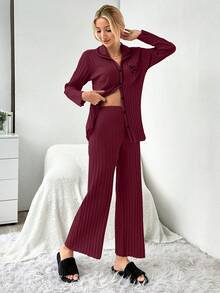 EURMUSE 2pcs/Set Contrast Color Stitching Slogan Print Ribbed Pajama Set - Burgundy - View 4