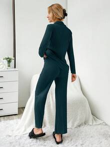 EURMUSE Women Ribbed Lapel Single-Breasted Letter Embroidery Pattern Long Sleeve Top And Wide-Leg Pants Casual Loungewear Set - Navy Blue - View 2