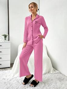EURMUSE 2pcs Set Open Front Contrast Stitching Slogan Print Ribbed Pajamas - Pink - View 3