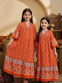 SHEIN 少女碎花V领荷叶边休闲宽松日常及派对连衣裙 - 橘色 - 查看 4