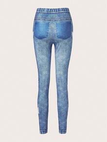 SHEIN LUNE Women Fashionable And Versatile Skinny Jeans With Elastic Waistband And Denim Effect Print Fall Cloth For Women - Blue - View 2