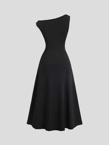 Sweetra 女士时尚黑色针织休闲褶皱修身优雅通勤连衣裙，露肩两穿式设计，金属扣装饰，春夏款 - 黑色 - 查看 2