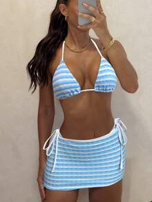 Swim SXY 3pcs Women Swimsuit Set, Textured Fabric Striped Black & White Contrast Shoulder Strap Backless Top And Side Tie Swim Shorts, Beach Holiday Bikini - Blue and White - View 3