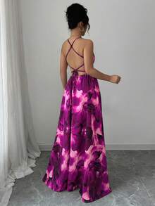 Elenzga Đầm dài nữ in họa tiết mực, thắt dây chéo - Màu Hồng Tươi - Xem 2