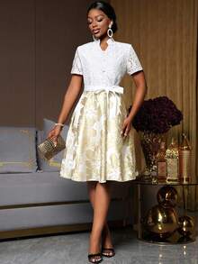 Lyxana Lace Jacquard Fabric Splice V-Neck Belted Wrap Elegant Mid-Length Dress For Women - Light Yellow - View 4