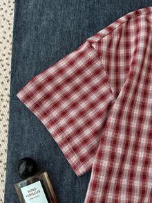 SHEIN 少女格子领单排扣休闲百搭日常通勤返校短袖衬衫 - 紅色 - 查看 5