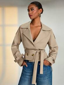 RueChic Women Solid Color Belted And Button Detailed Trench Coats - Beige - View 4