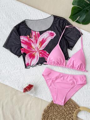 SHEIN Conjunto de bikini y top con mangas cortas de cobertura de unicolor con lazo halter de moda para adolescentes en la playa de verano