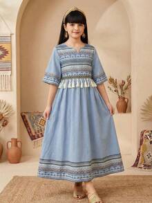 SHEIN Vestido casual de manga corta para niñas preadolescentes, adecuado para el Ramadán - Multicolor - Ver 3