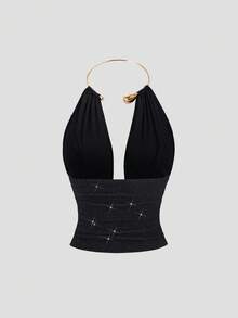 Sweetra Women's Sexy Low-Cut Backless Pleated Metallic Fabric Choker Neck Sleeveless Top, Fashionable Party & Versatile, Spring/Summer - Black - View 2