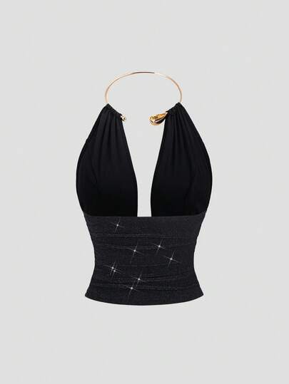 Sweetra Top sans manches à col ras du cou en tissu métallique plissé, décolleté et dos nu sexy. pour les fêtes et polyvalent, printemps/été