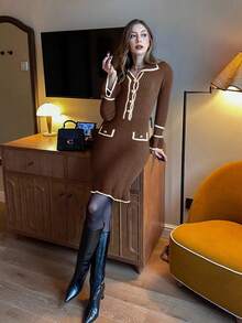 Pariaura Women's Elegant Ribbed Trim Half-Button Ruffle Sleeve Fitted Sweater Dress, Autumn/Winter - Coffee Brown - View 3