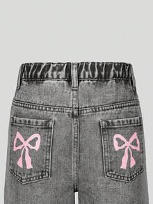 SHEIN ChillGRL 少女休闲时尚浅蓝色牛仔蝴蝶印花宽松阔腿休闲版型舒适百搭日常水洗牛仔裤 - 灰色 - 查看 8