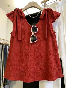 Resyla 2026新款女士春季风衬衫 - 红色纹理面料，蝴蝶结肩带，V领荷叶袖上衣，适合休闲、办公和度假穿着 - 紅色 - 查看 4