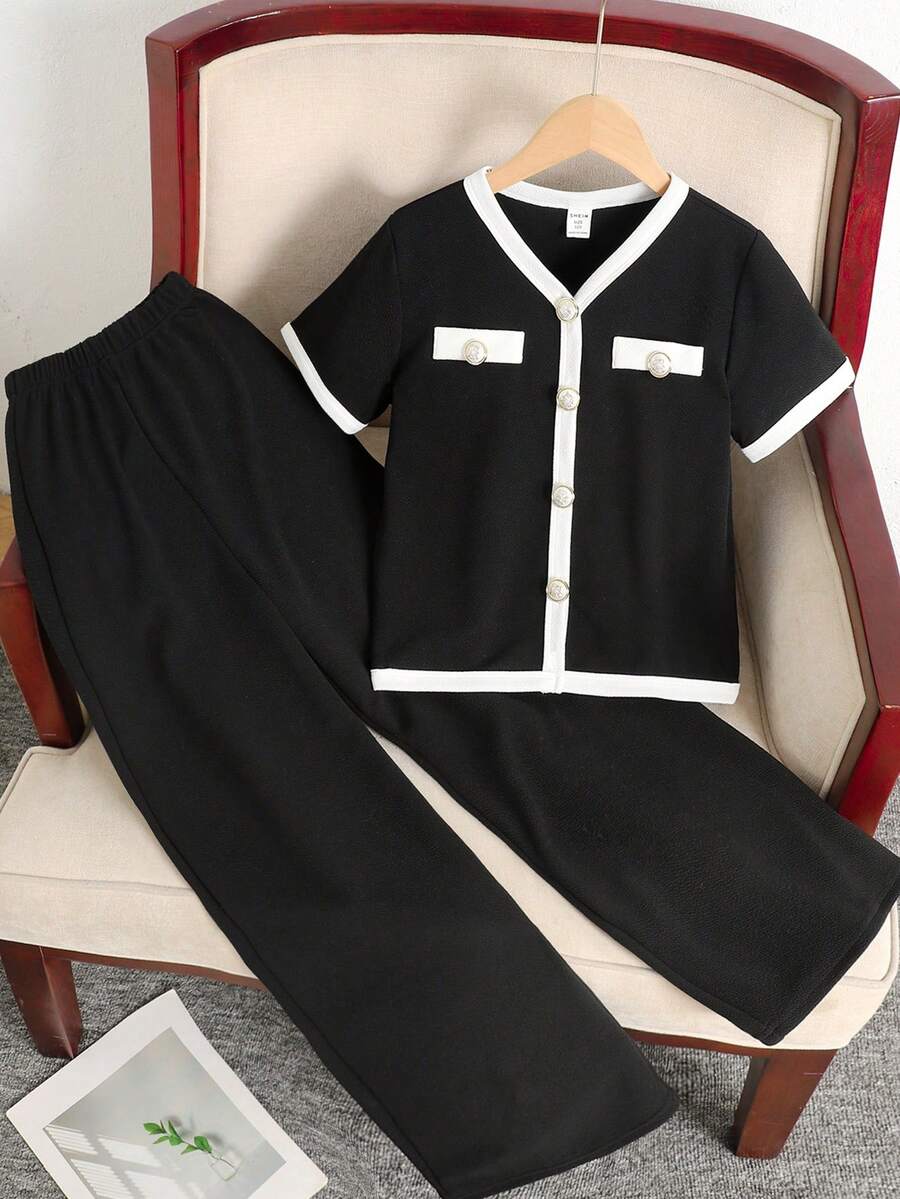 SHEIN 两件套少女撞色V领短袖衬衫和休闲裤套装 - 黑與白 - 查看 1