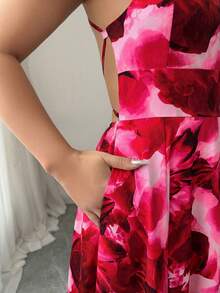 Elenzga Damen Kleid mit Tintendruck und Kreuzgurten - Rot - Übersicht 4