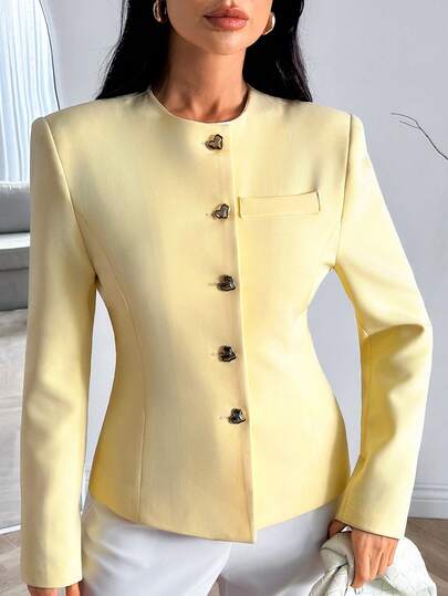 EURMUSE Women's Solid Color Round Neck Single-Breasted Casual Daily Commute Office Long Sleeve Blazer