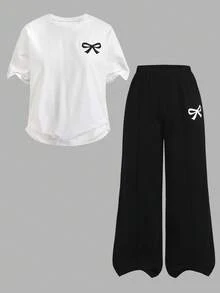 SHEIN Bộ 2 món dành cho nữ tuổi teen, gồm áo thun dệt kim cổ tròn tay raglan xếp ly và quần short, trang phục nhẹ nhàng thoải mái cho mặc hàng ngày, đi học, nghỉ lễ, dã ngoại mùa xuân. - Đen và trắng - Xem 4